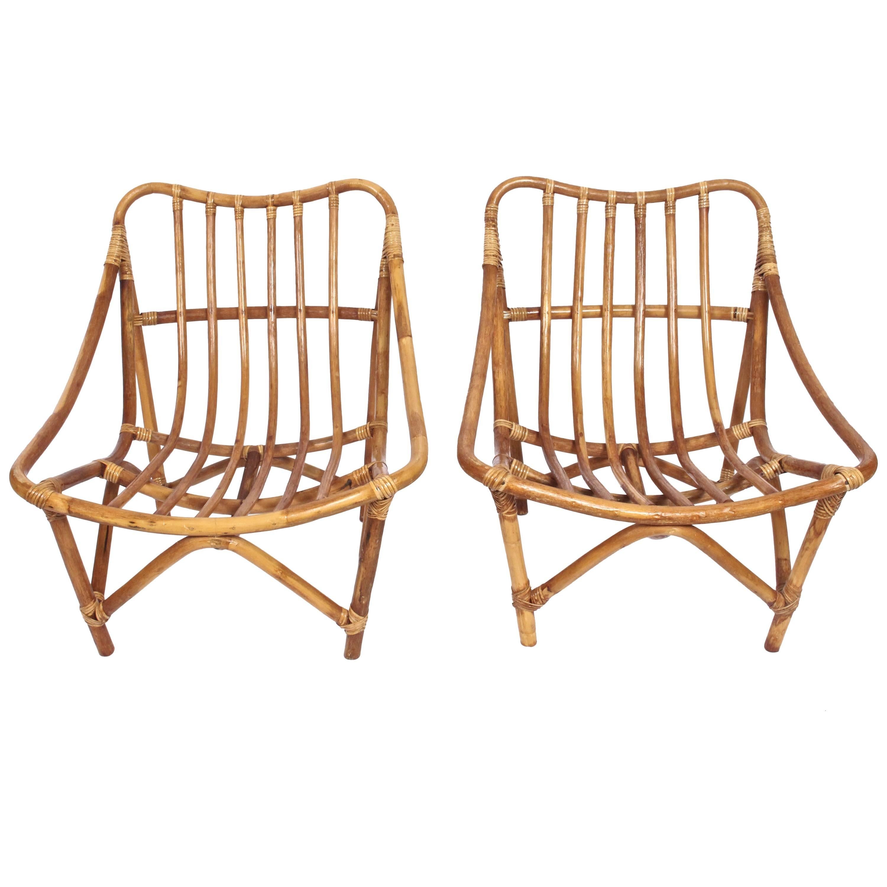 Pair of French Bamboo Lounge Chairs, 1960s