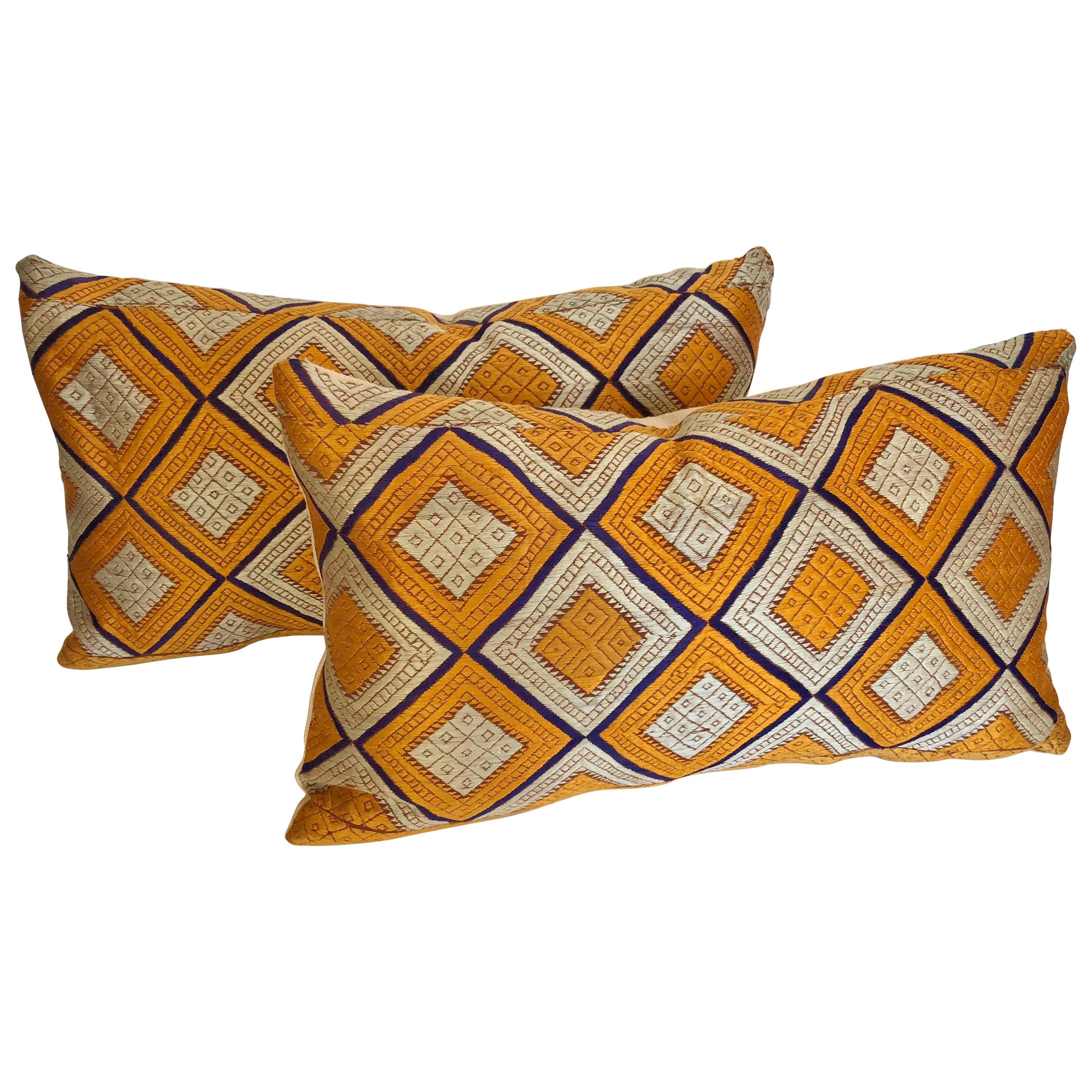 Custom Pillows Cut from a Silk Phulkari Bagh Wedding Shawl, Punjab, India For Sale