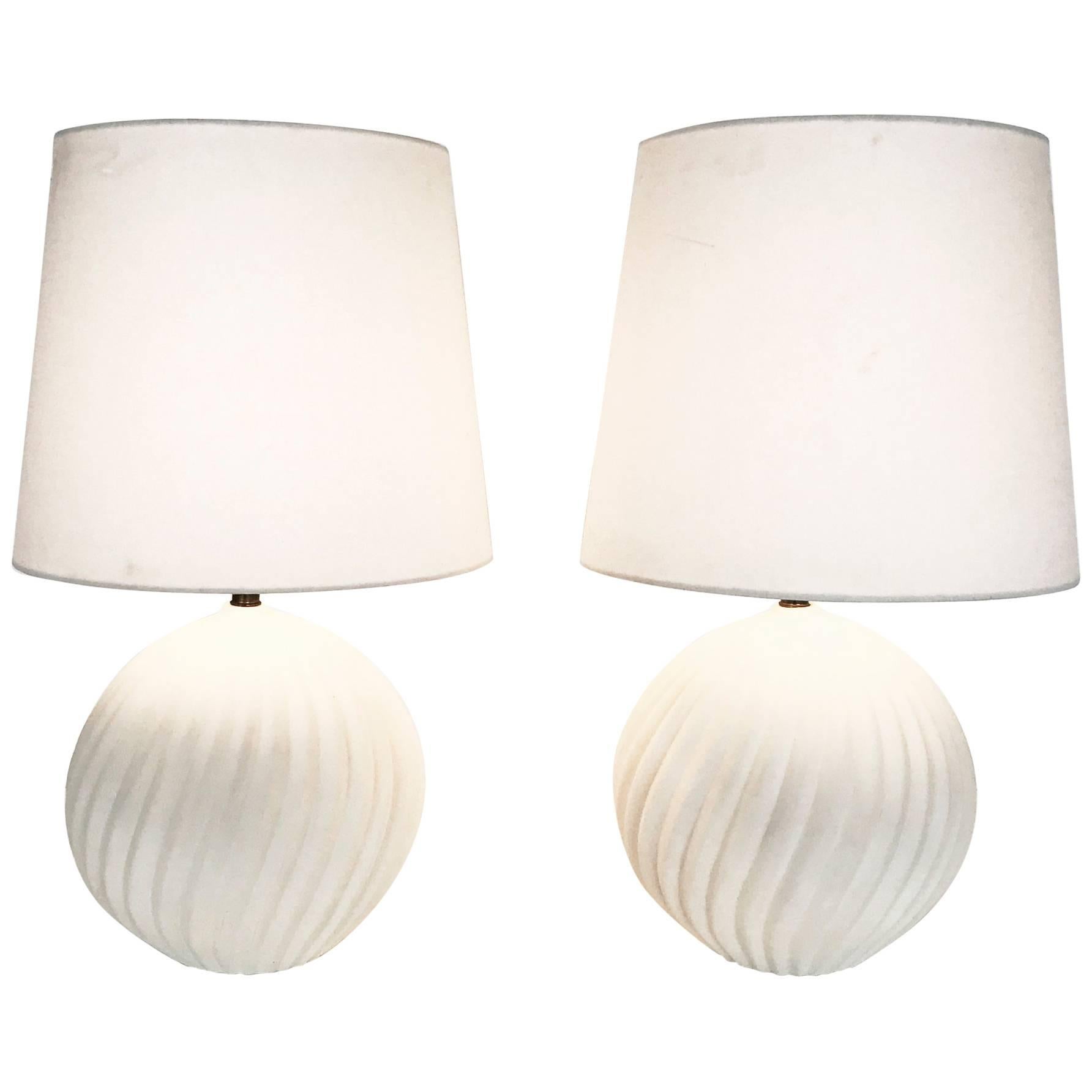 Pair of Spherical Unglazed Ceramic Table Lamps with Twisted Fluting, 1980s
