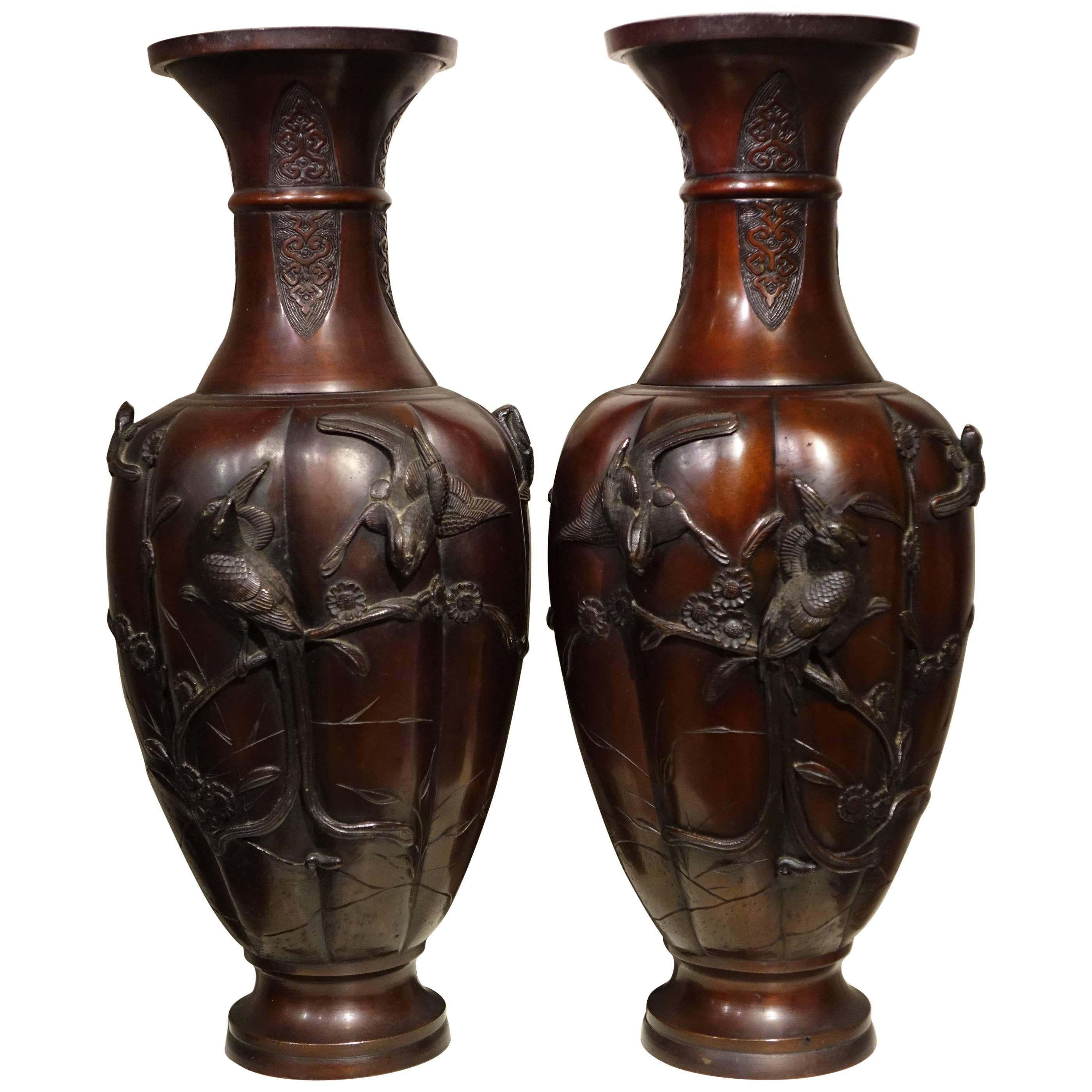 Pair of Bronze Baluster Vases with Red Patina, Japan Meiji Period, 19th Century 