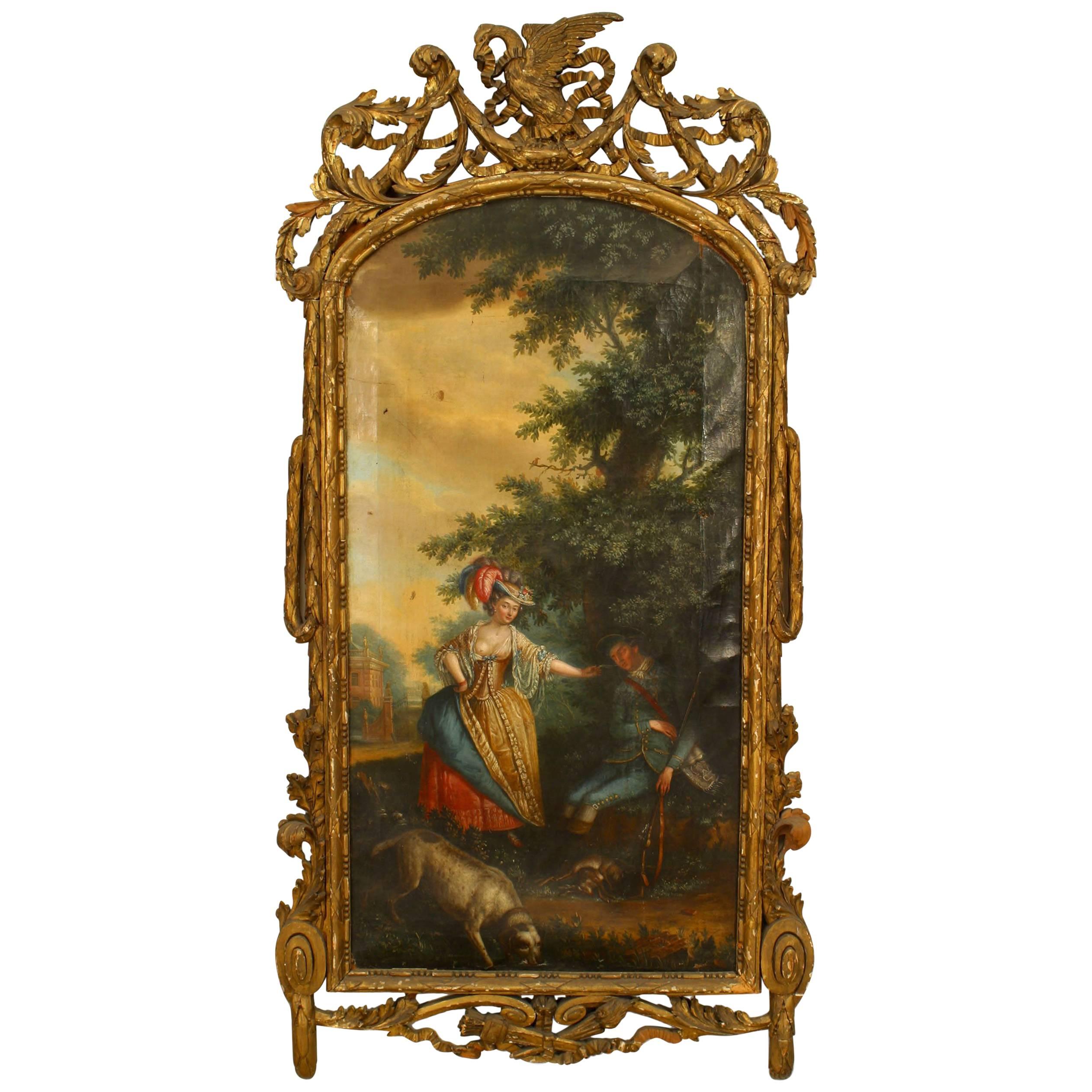 French Louis XVI Oil Painting of a Scene with a Dog and a Young Lady For Sale