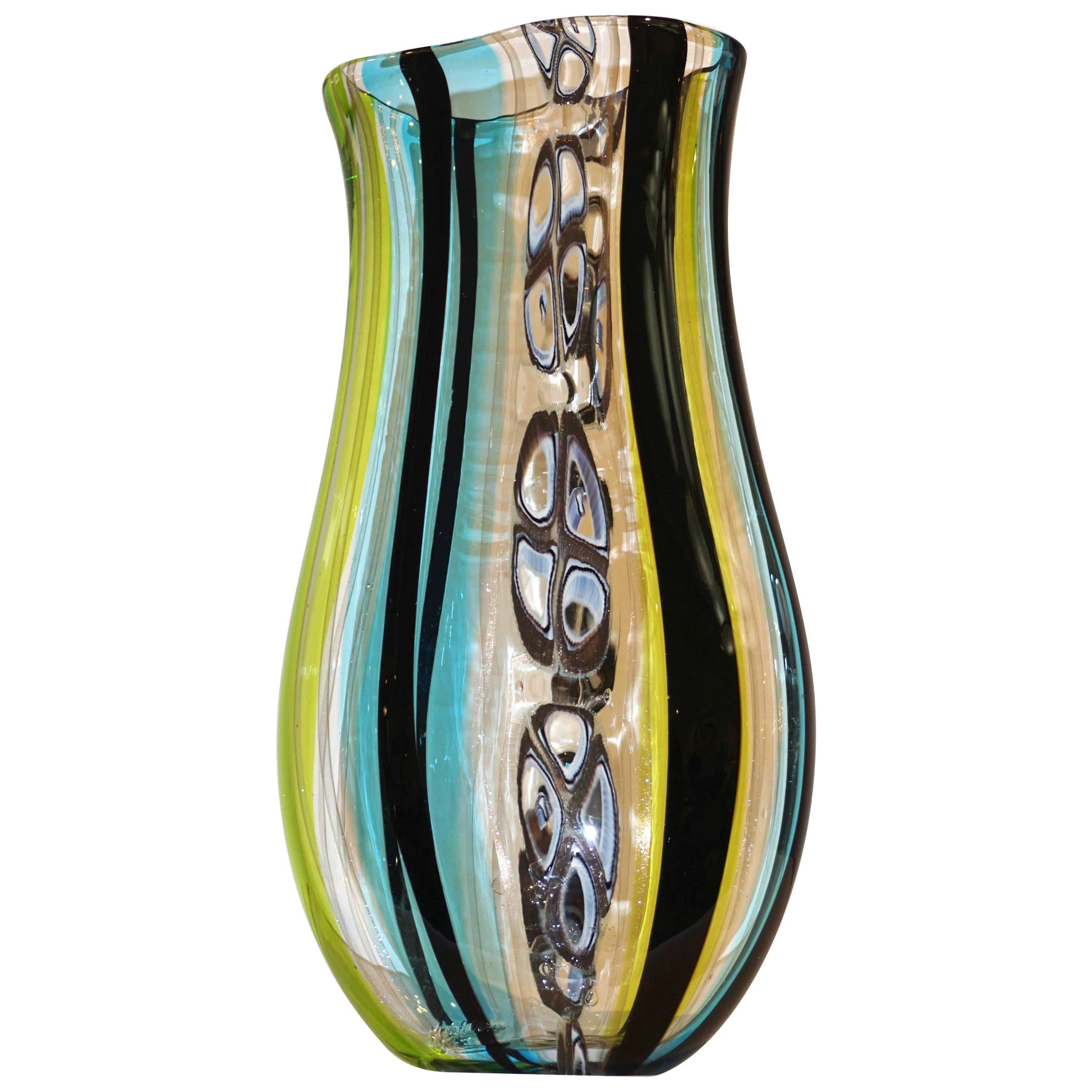 Afro Celotto 1990 Black Green Aqua Blue Crystal Murano Glass Tall Modern Vase