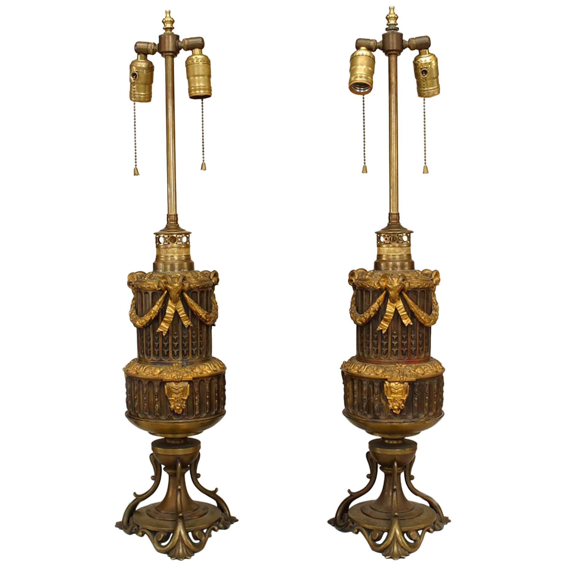 Pair of French Louis XVI Style Bronze Ram Table Lamps