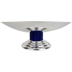 Large French Puiforcat Art Deco Tazza in Silverplate with Faux Lapis Lazuli Stem