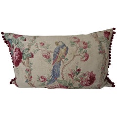 Early 20th Century French Antique Parrots and Roses Linen Pillow