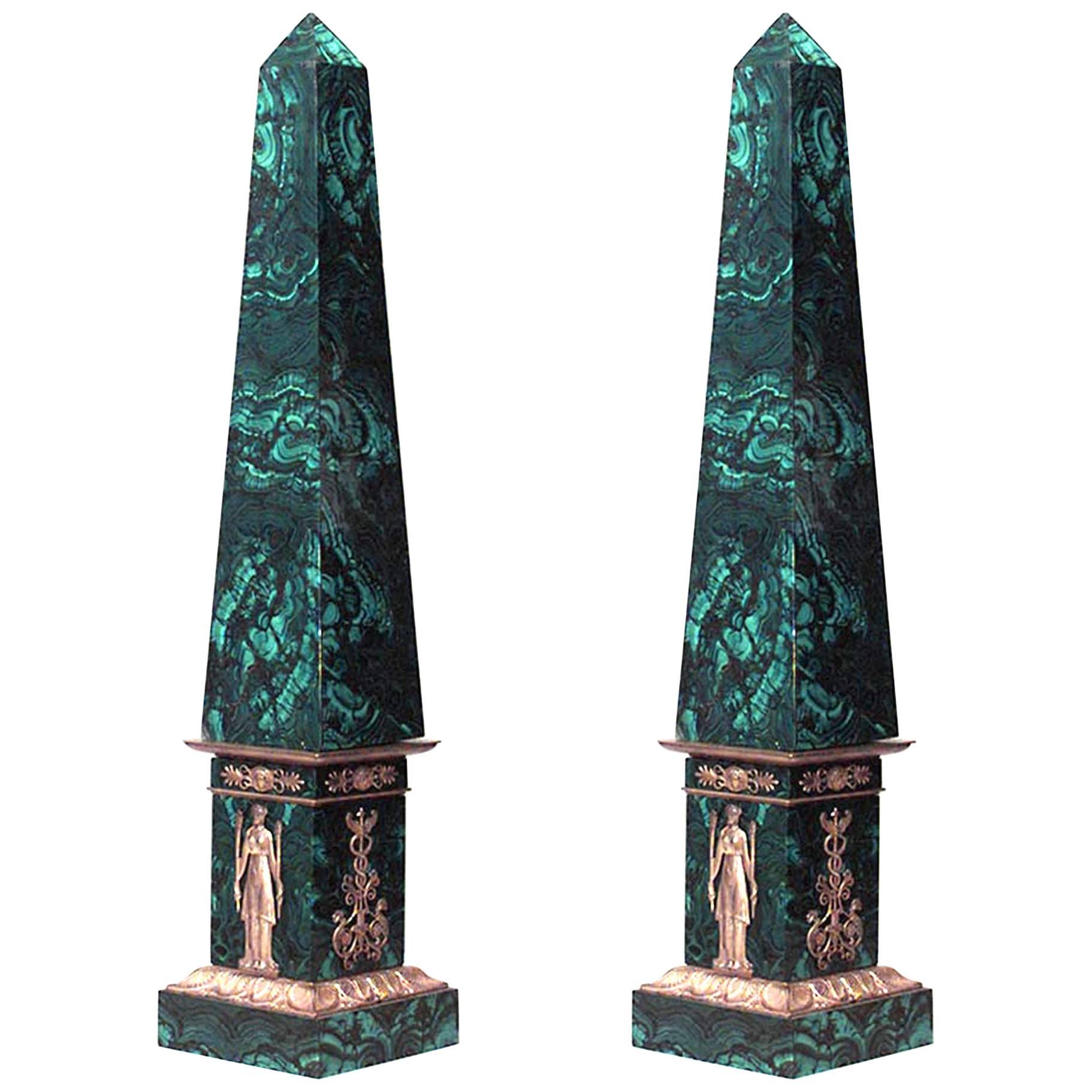 Pair of French Empire Malachite Veneered Obelisks
