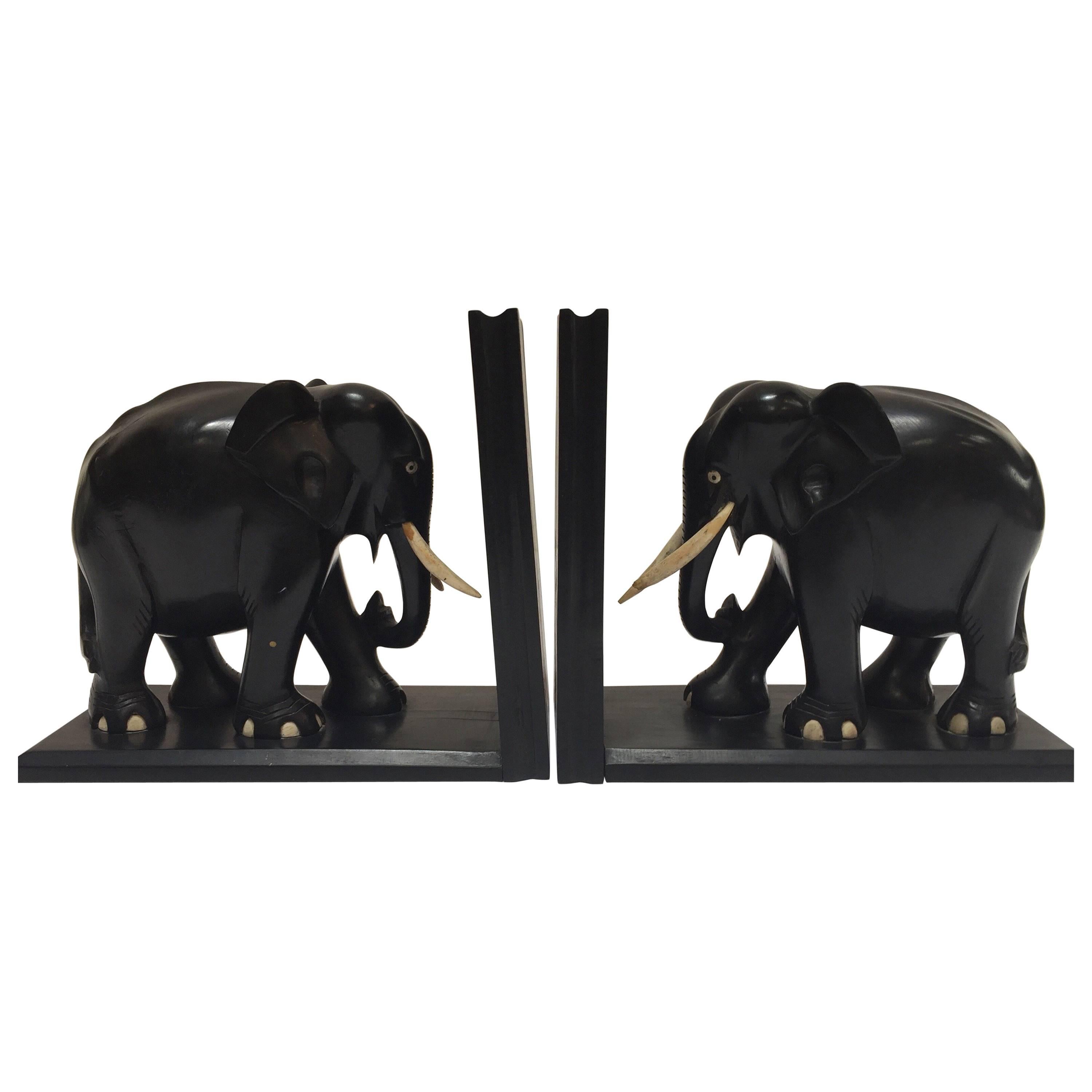 Hand-Carved Large Ebonized African Elephant Bookends, circa 1950