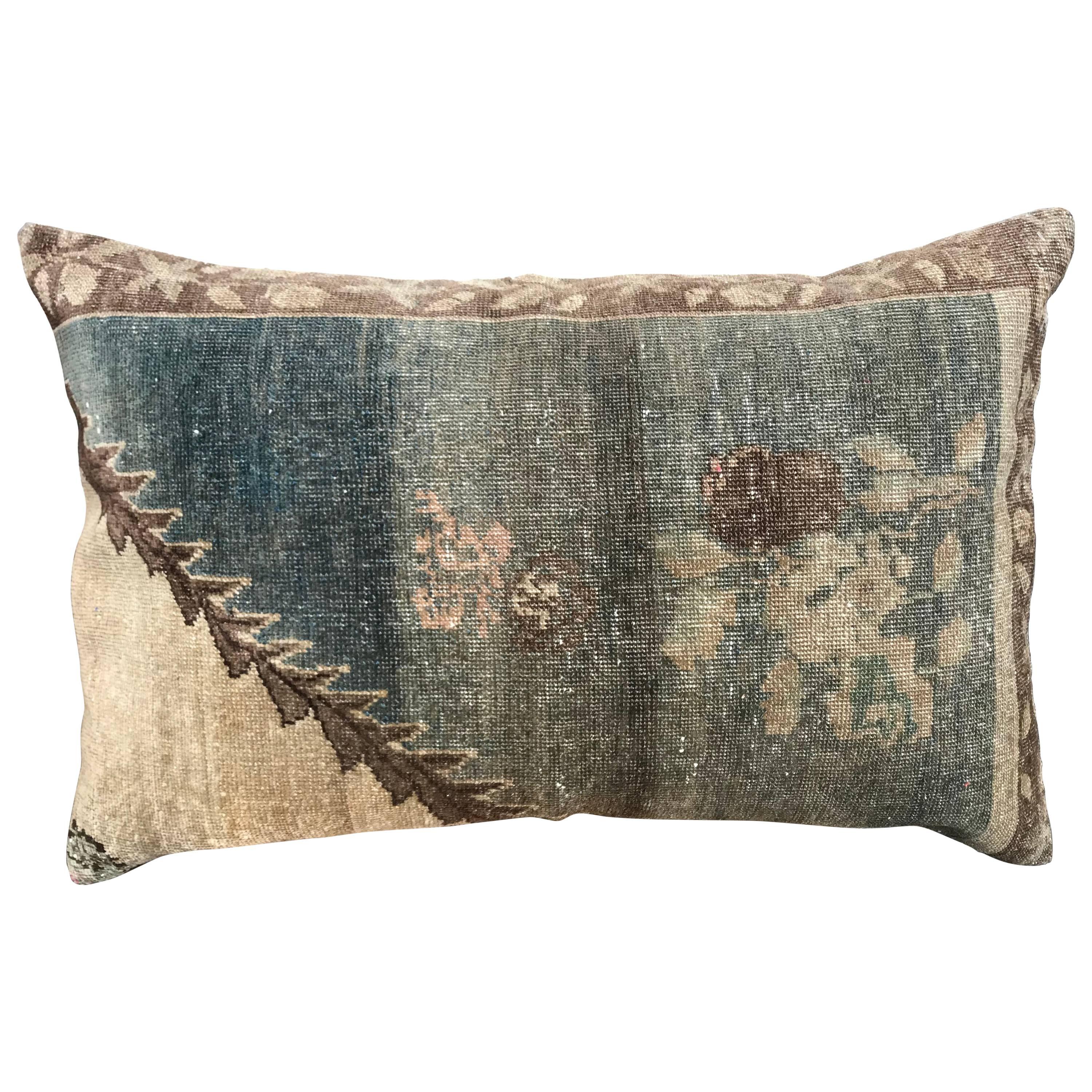 20th Century Turkish Green and Khaki Rug Fragment Pillow For Sale