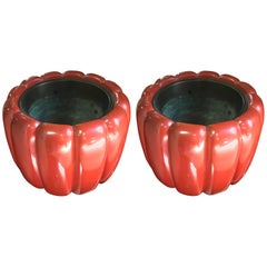 Glistening Old Japan Pair of Antique Red Lacquer Bowls Hibachi Planters Boxed