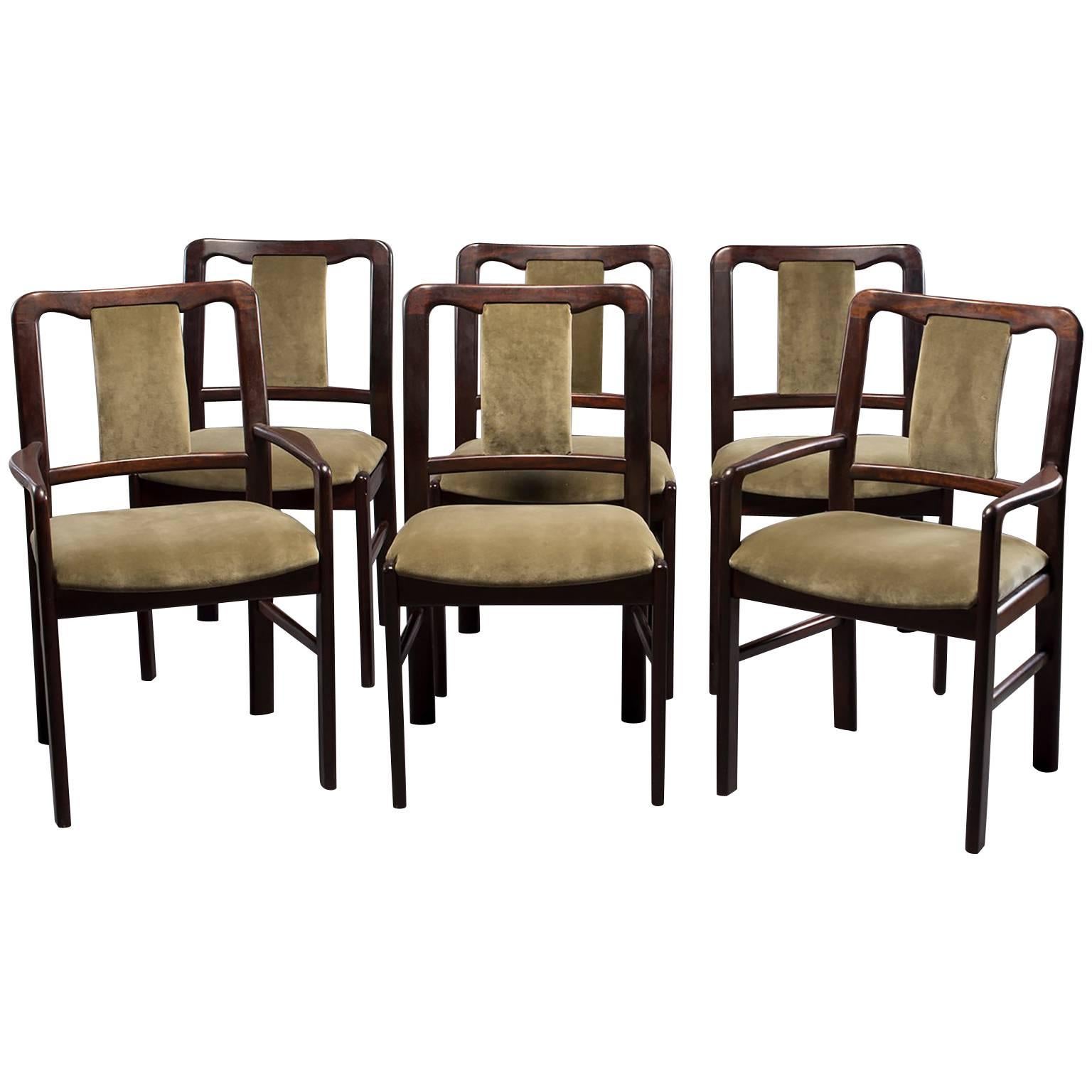 Set of Six Midcentury Rosewood Dining Chairs with New Velvet Upholstery