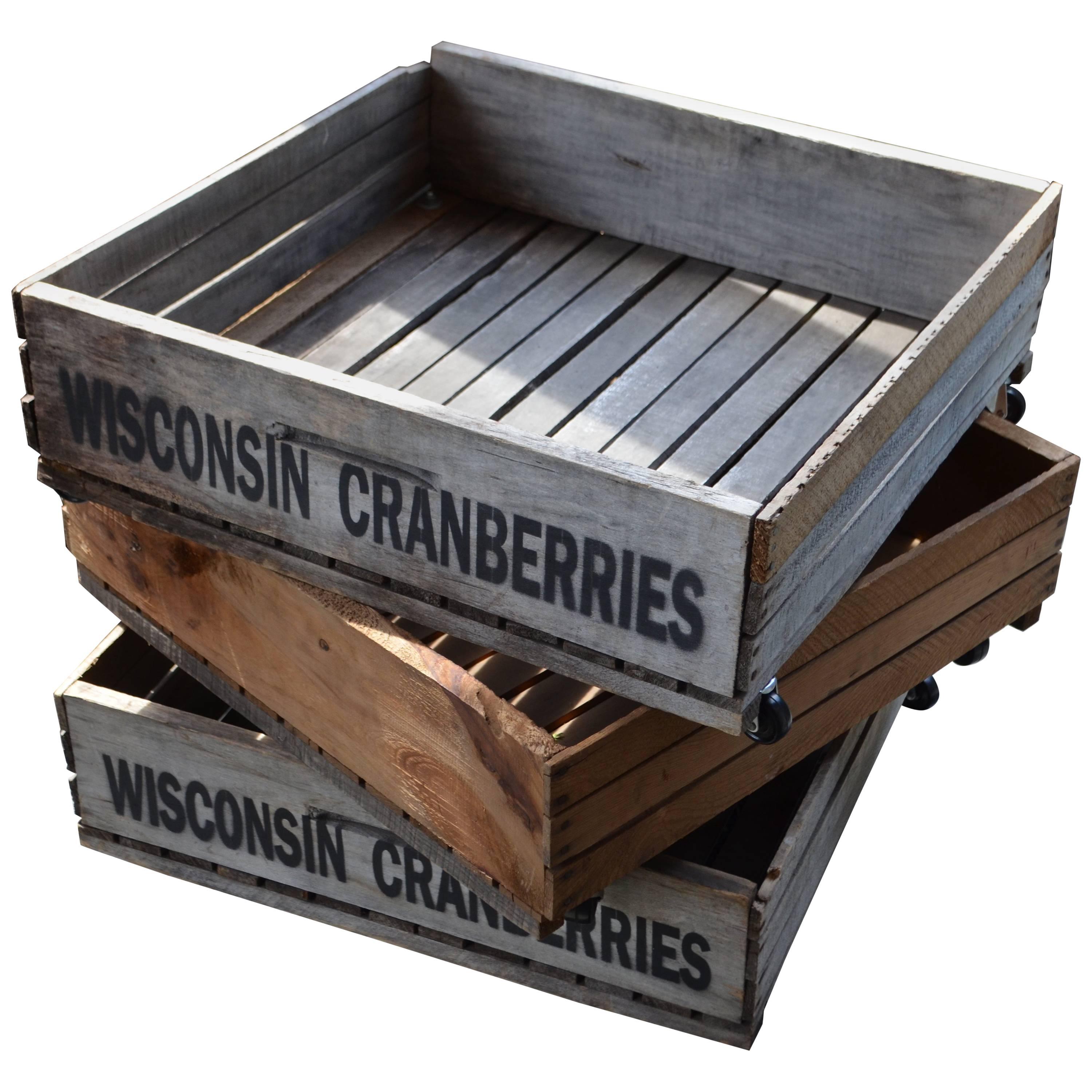 Trio of Wood Wisconsin Cranberry Storage Planter Wheeled Crates For Sale