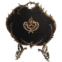 French Polished Brass Fireplace Screen with Decorative Medallion, 19th Century