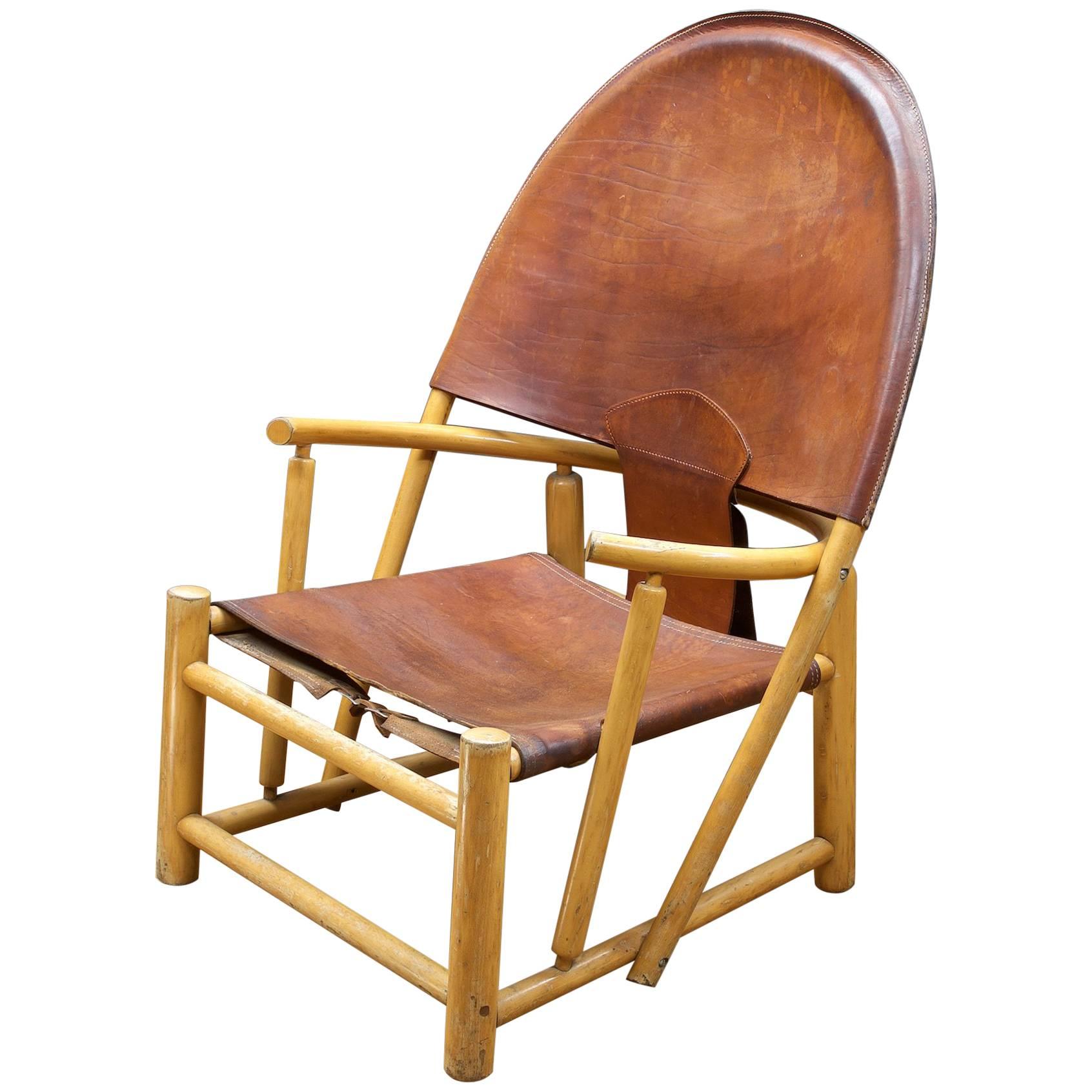 Italian Leather Sling Chair Rustic Mid-Century Alps Cabin Ski Chalet Hoop Lounge