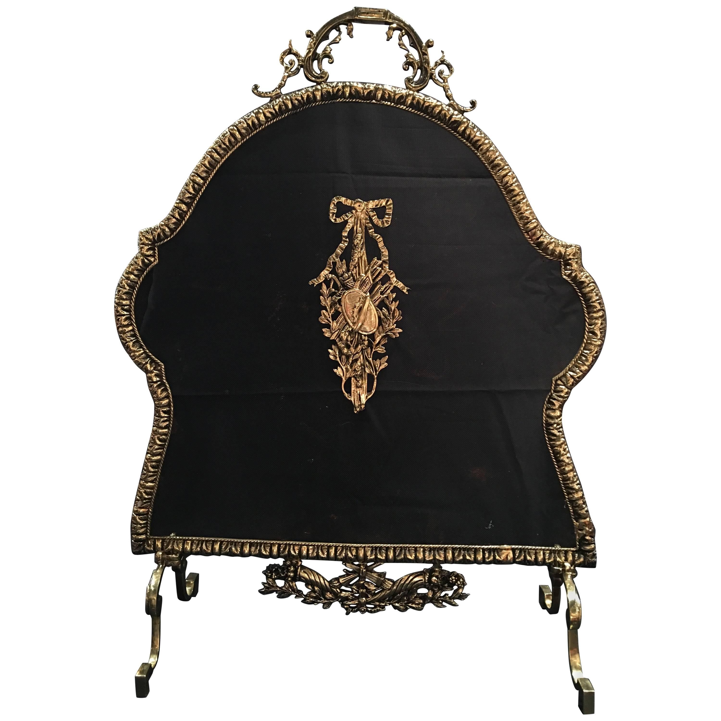 French Polished Brass Fireplace Screen with Decorative Bow, 19th Century