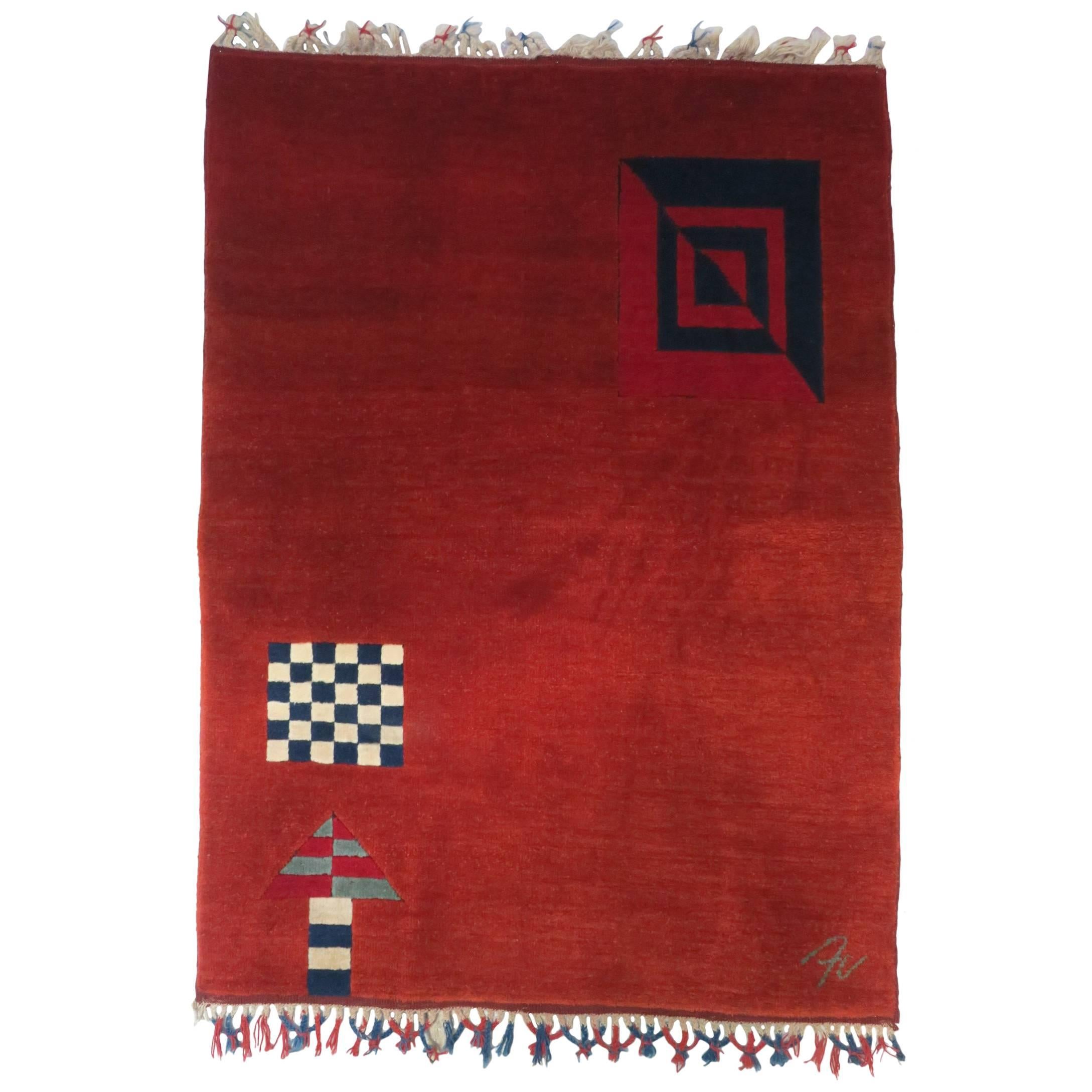 Bauhaus Design Hand-Knotted Geometric Rug Signed For Sale