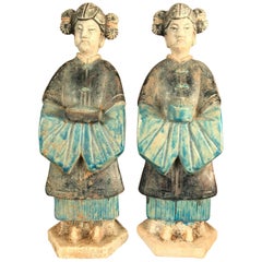 Ancient Chinese Pair of Cobalt Blue Glazed Attendants Ming Dynasty, 1368-1644