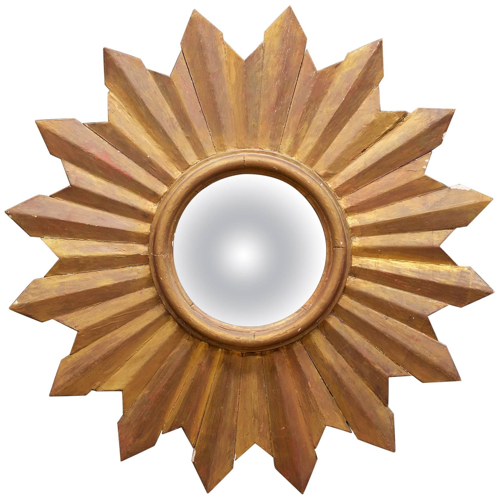 Rustic Wooden Starburst Convex Wall Mirror Patina Hollywood Glam Mid-Century