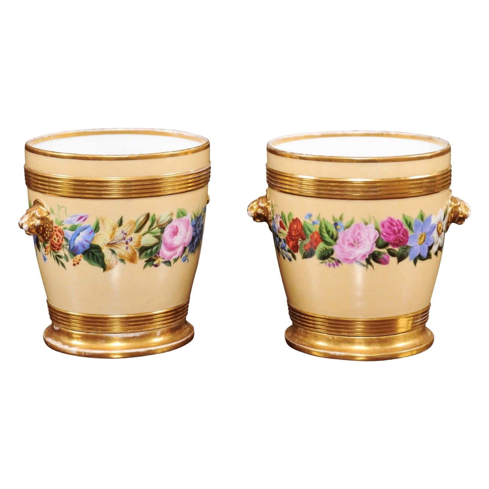 Pair of 19th Century Paris Porcelain Cachepots with Yellow Ground & Floral Decor For Sale