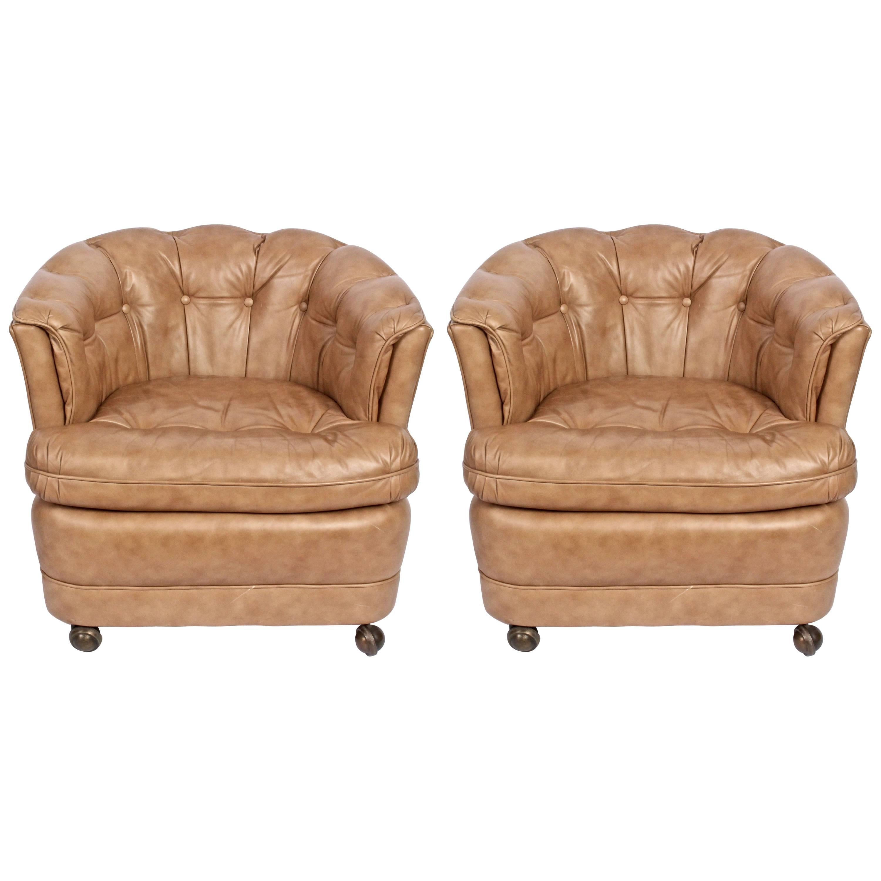 Pair of Rolling Classic Leather Inc. Tufted Taupe Barrel Club Chairs, 1970s