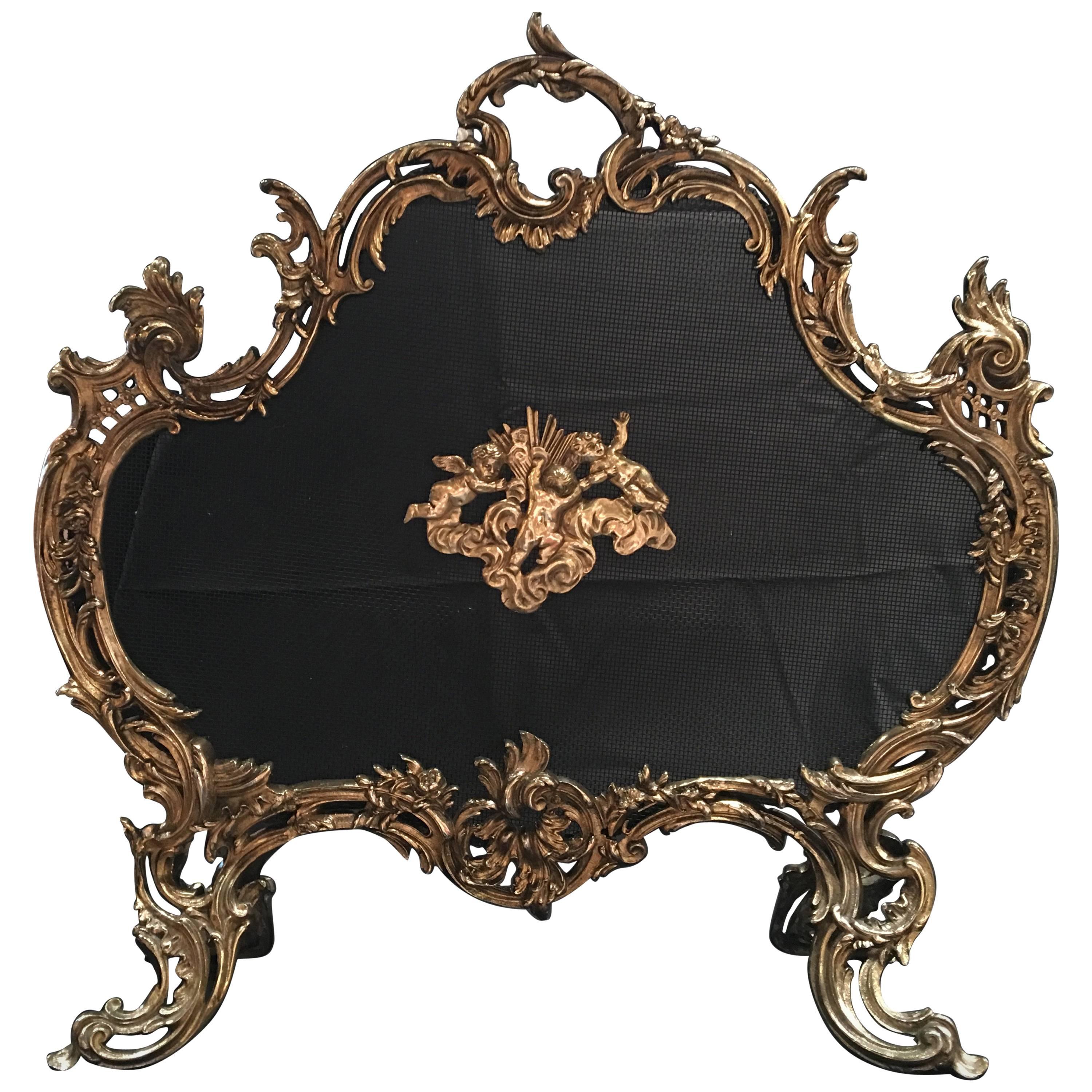 French Polished Brass Fireplace Screen with Decorative Cherubs, 19th Century
