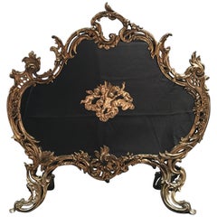 Antique French Polished Brass Fireplace Screen with Decorative Cherubs, 19th Century