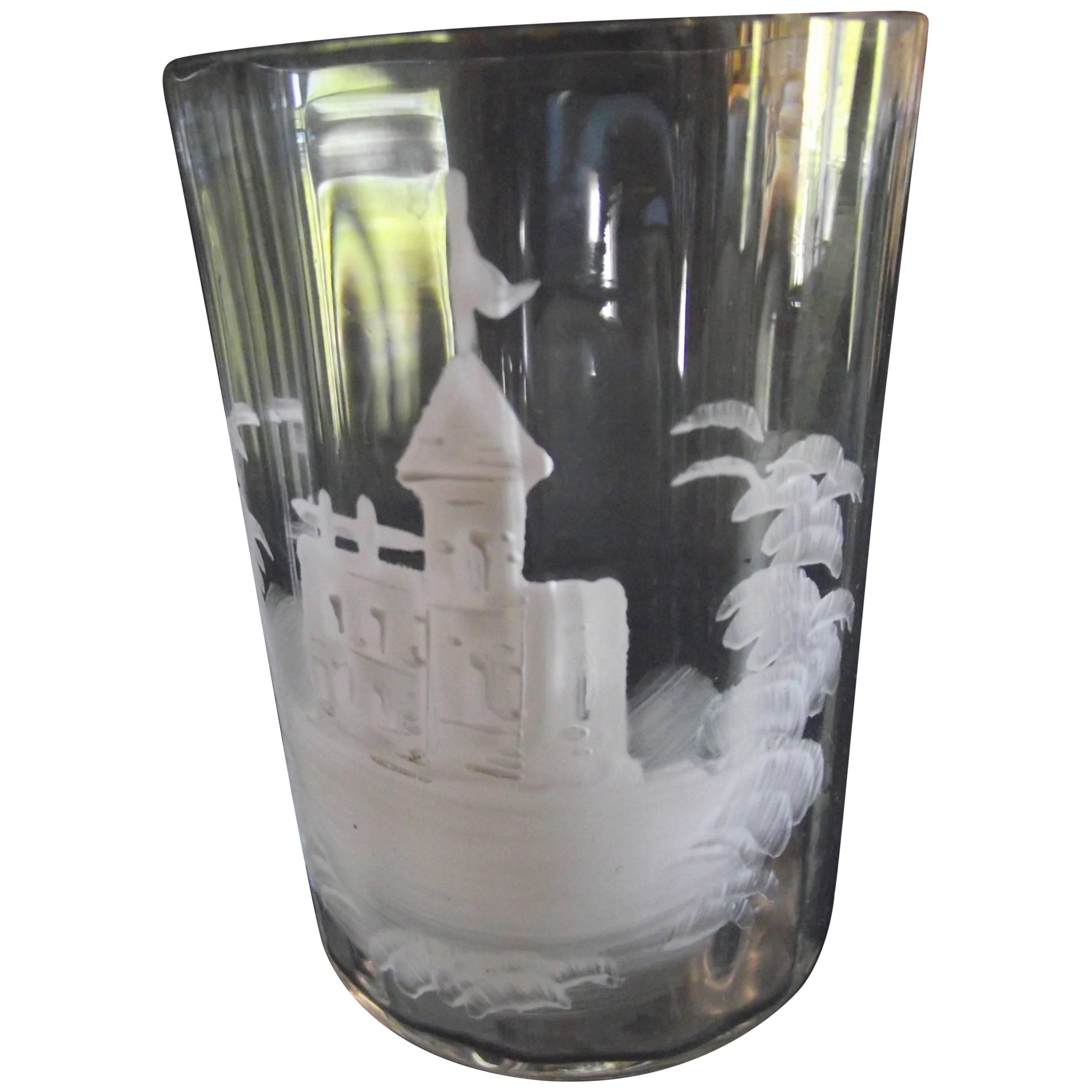 Mary Gregory Glass, Clear Glass with Castle Painted in White Porcelain For Sale