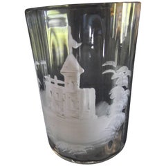 Mary Gregory Glass, Clear Glass with Castle Painted in White Porcelain