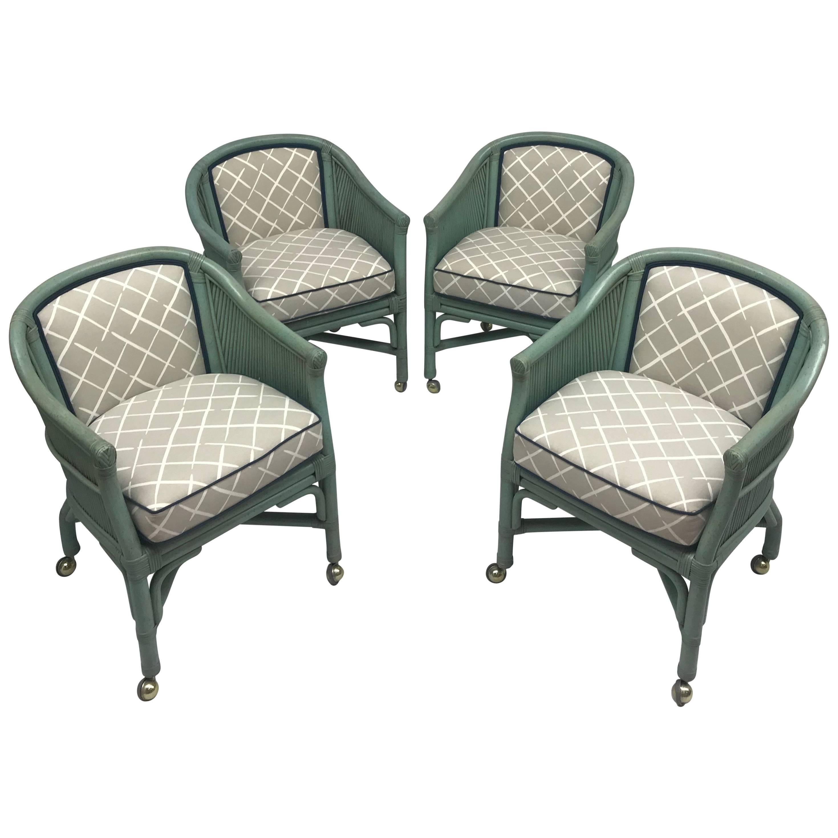 Vintage Seafoam Blue Rattan Chairs With Casters - Set of 4 For Sale