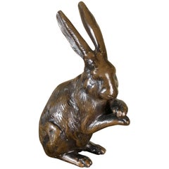 Japanese Tall Antique Bronze Rabbit with Cross Feet and Fine Details