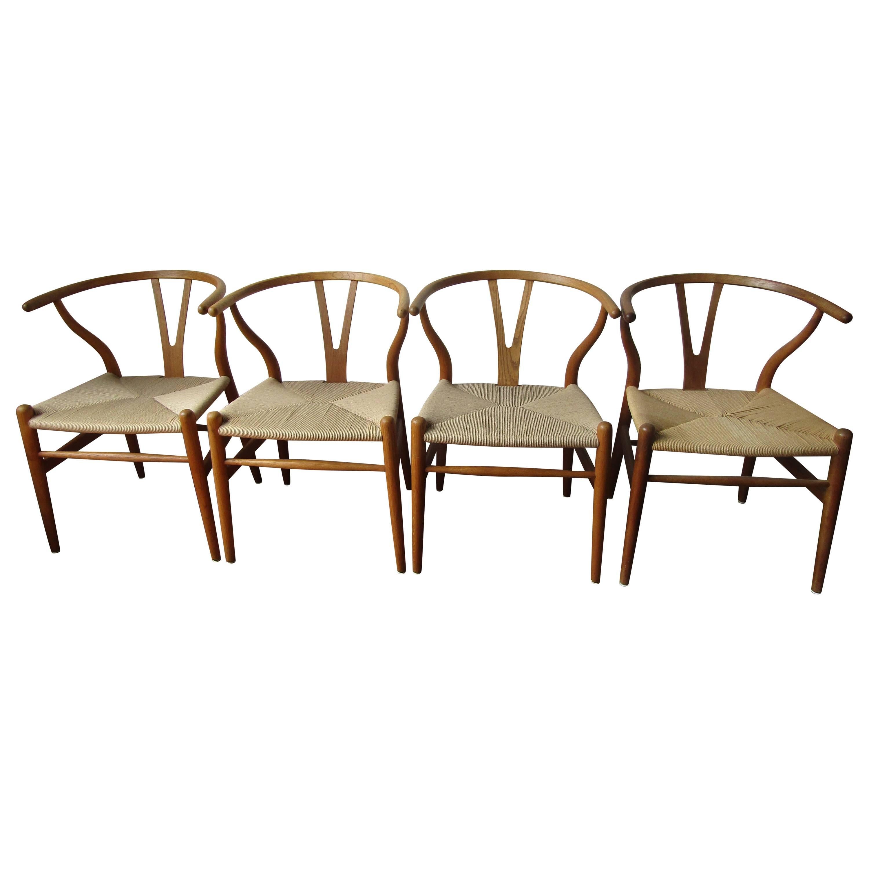 Set of Four Wishbone Chairs by Hans Wegner in White Oak and Papercord