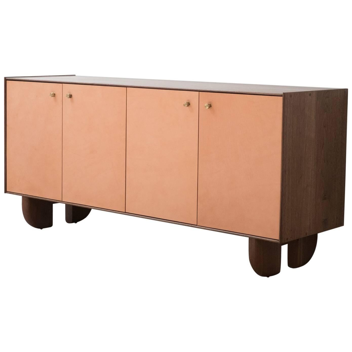 Profile Credenza in Black Walnut and Natural Leather For Sale