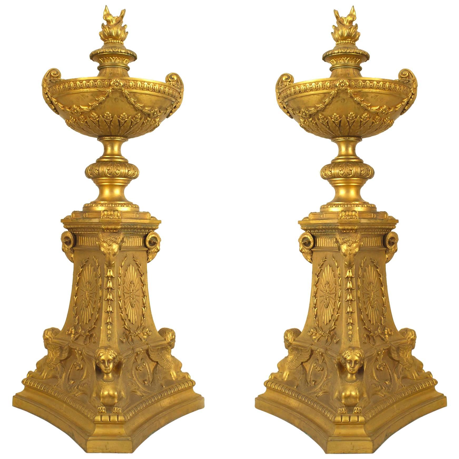 Pair of French Empire Style Gilt Bronze Urns For Sale