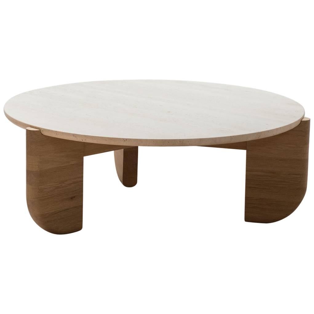 Tripod Coffee Table in White Oak and Travertine For Sale