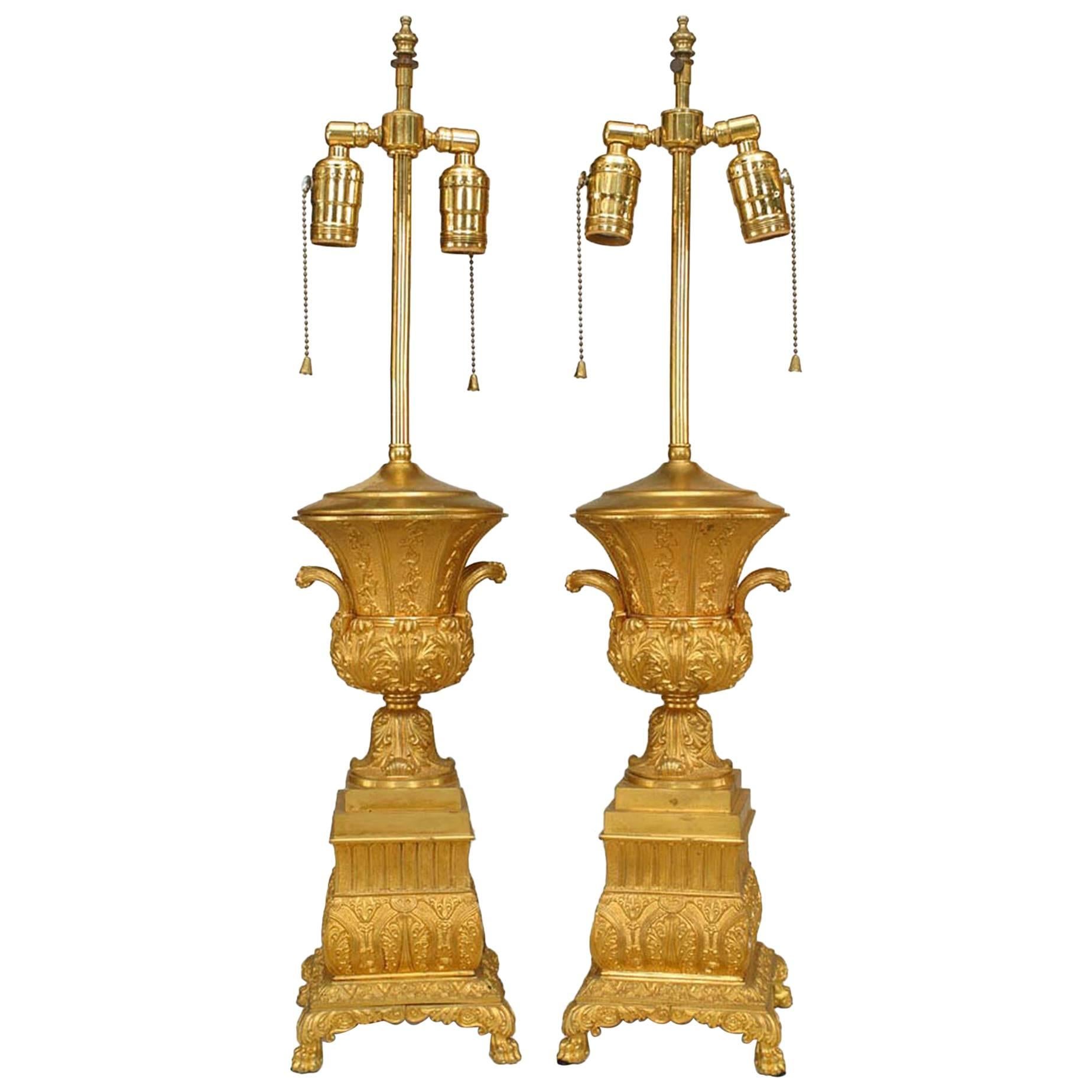 Pair of FrenchCharles X Bronze Dore Urn Table Lamps For Sale