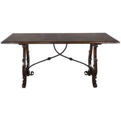 Italian Walnut Inlaid Console with Wrought Iron Stretcher