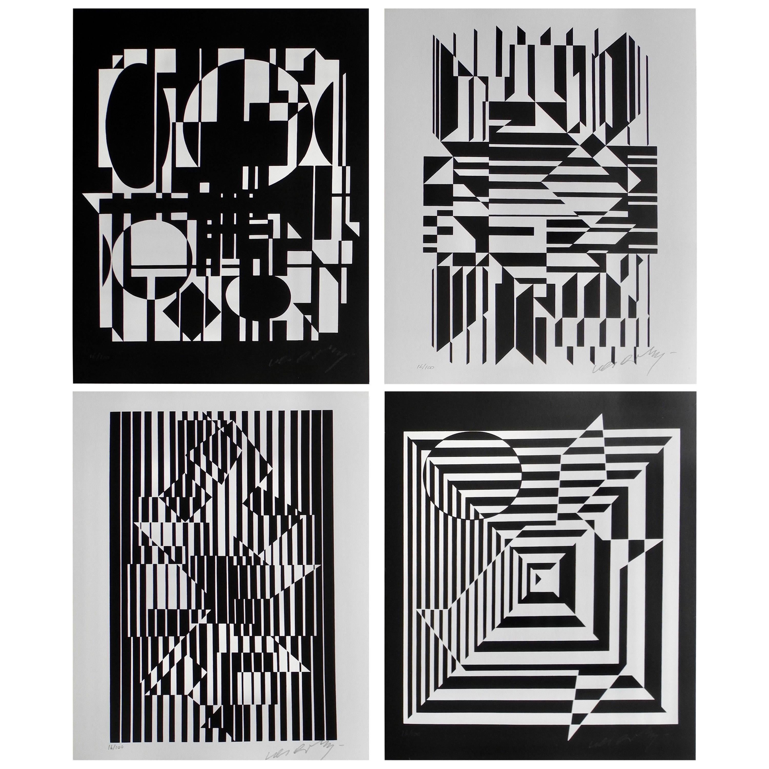 Modern Black and White Optical Pop Art Lithographs by Victor Vasarely For Sale