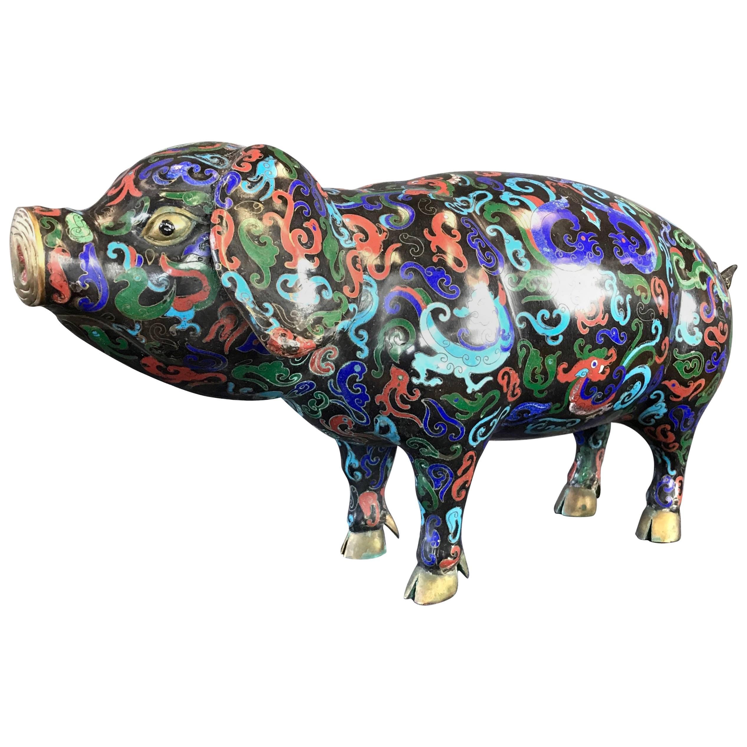 Vintage Uncommonly Large Chinese Cloisonné Pig