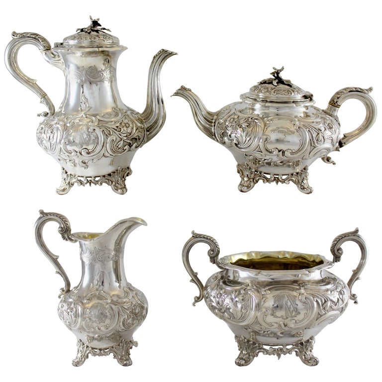 Antique Victorian Sterling Silver Tea Coffee Service Set London Antique Victorian Sterling Silver Tea Coffee Service Set London 1840 For