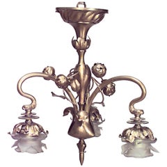 Antique French Art Nouveau Brass Floral Chandelier