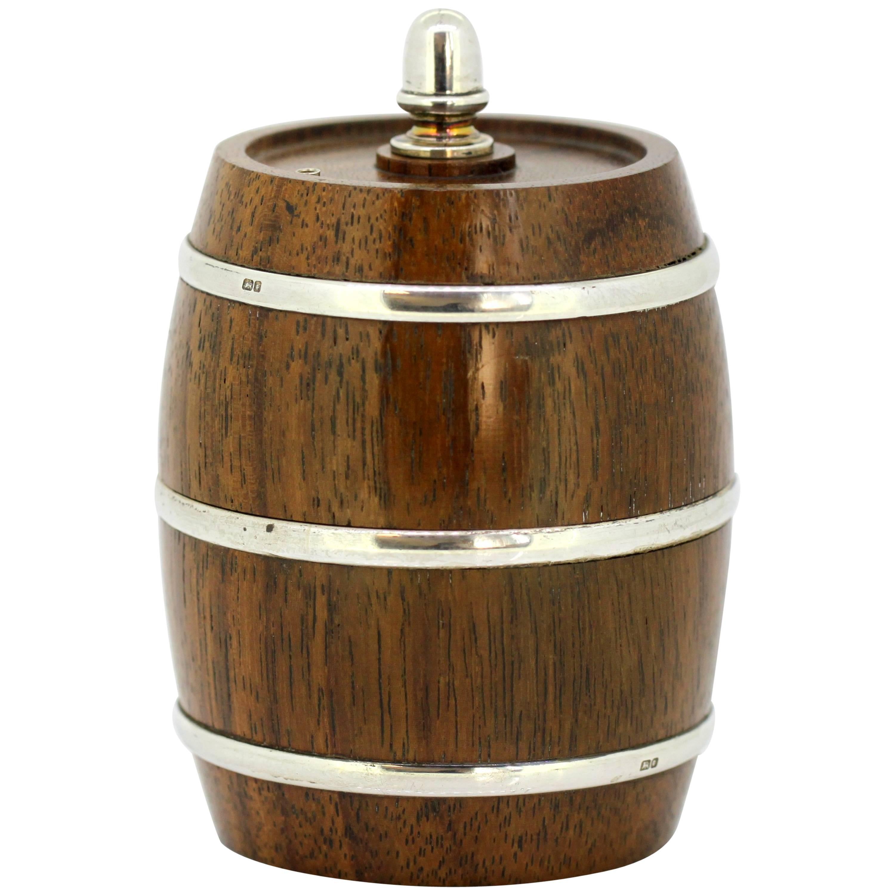 Sterling Silver and Wood Salt Grinder in Form of a Barrel by Mappin & Webb