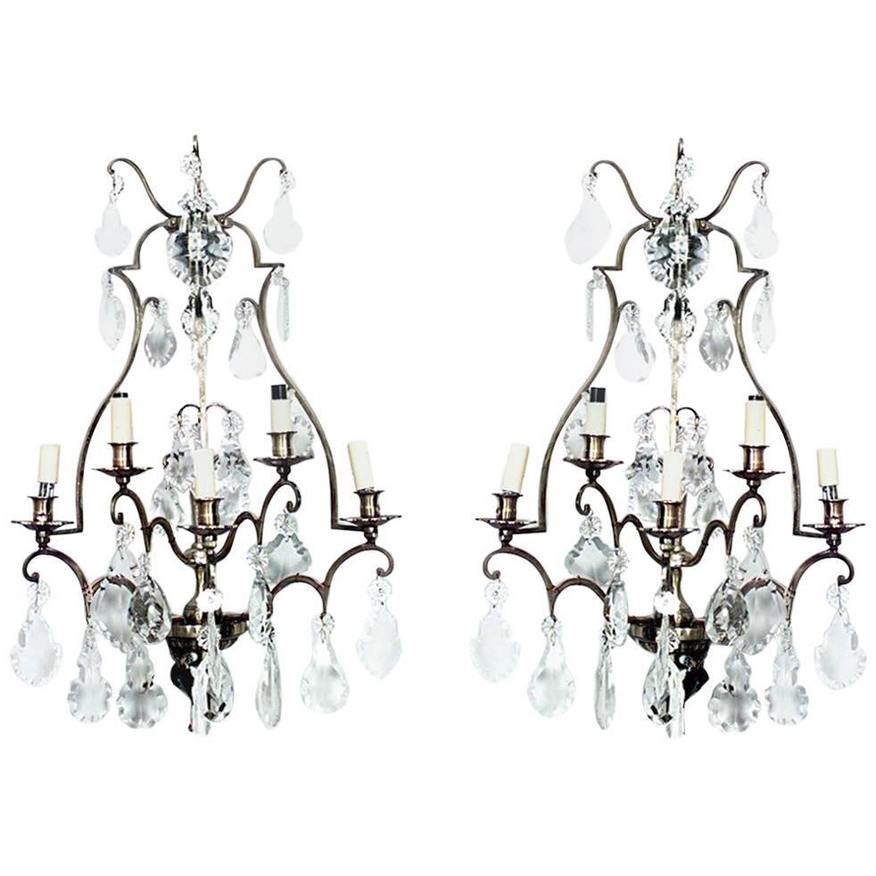 Pair of French Louis XV Style Lacquered Brass and Glass Wall Sconces For Sale