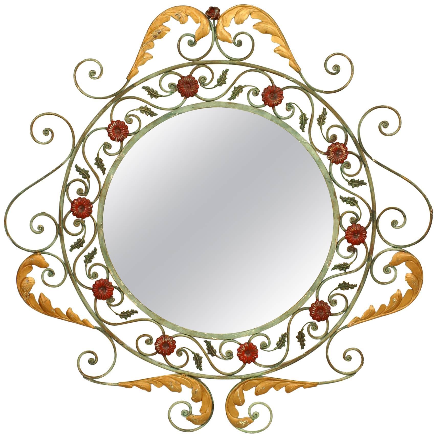 Vintage Round Wall Mirror Wrought Iron Decoration For Sale at