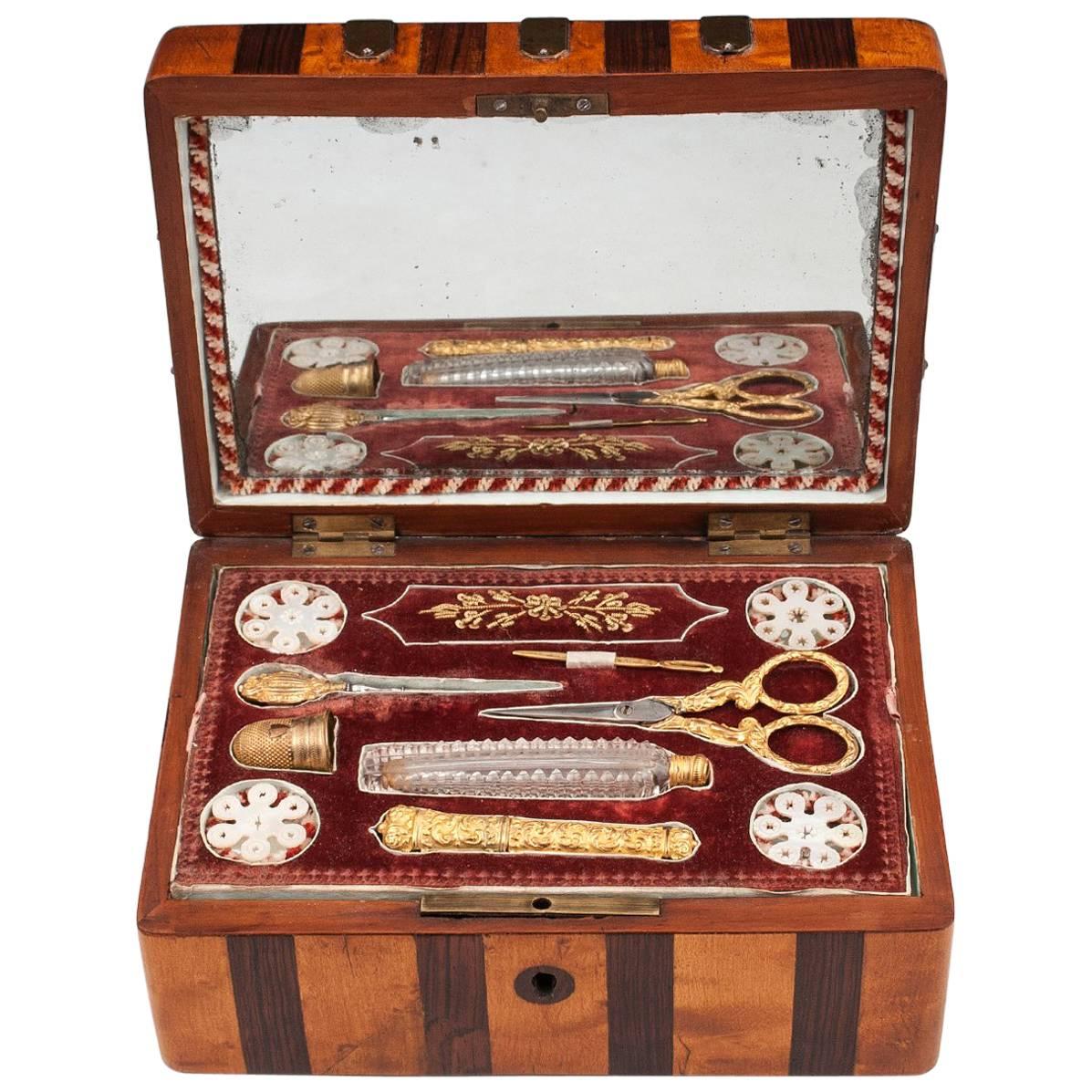 Antique Maple and Mahogany Palais Royal Sewing Box, 19th Century