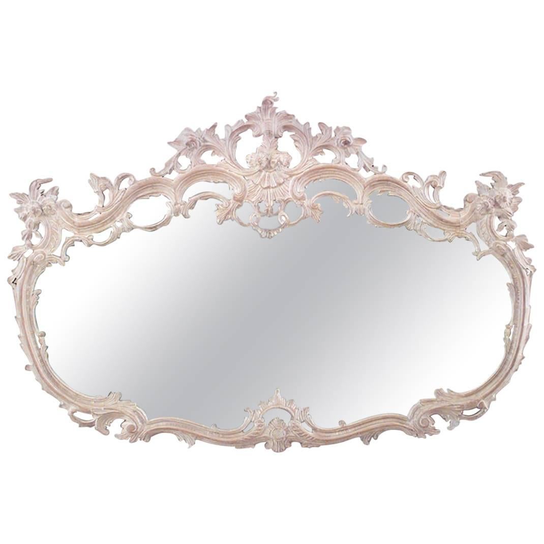French Louis XV Style Bleached Carved Wood Wall Mirror