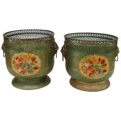 Antique Pair of French Victorian Floral Tole Pots