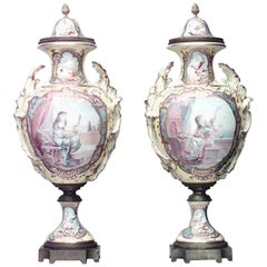 Pair of French Victorian Yellow Sevres Porcelain Vases