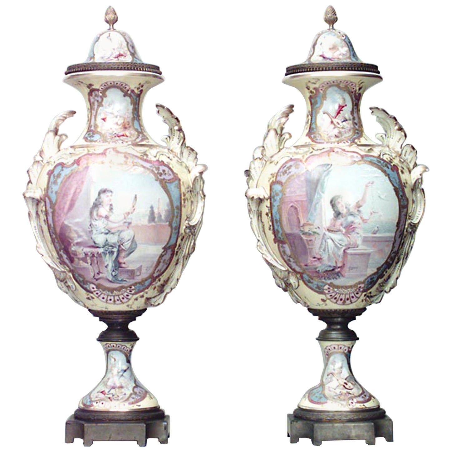 Pair of French Victorian Rococo Style Gilt Porcelain Vases For Sale at