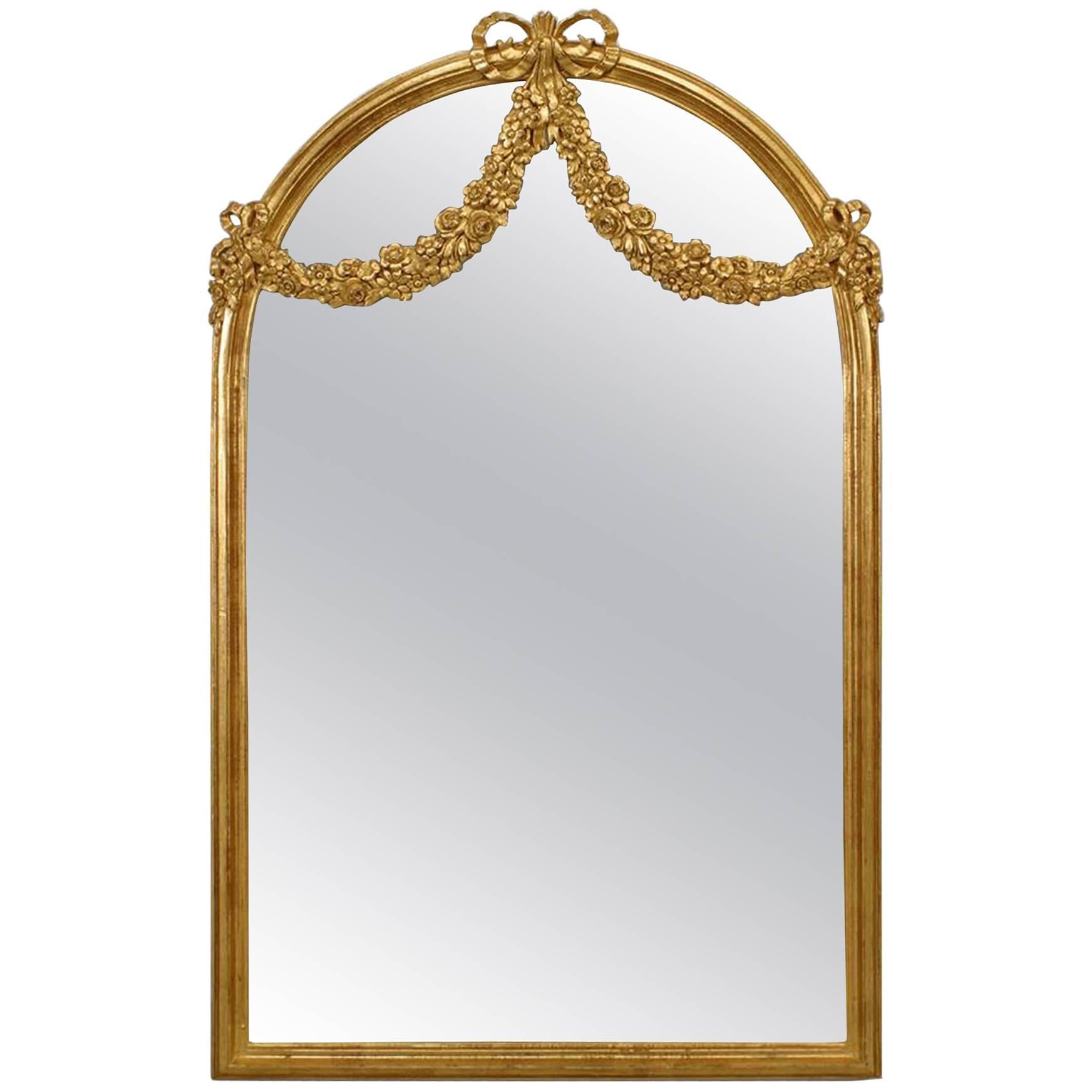 French Louis XVI Style Giltwood Swag Design Wall Mirror