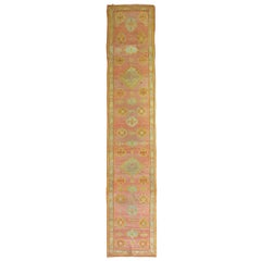 Antique Turkish Oushak Runner in Corals and Pink