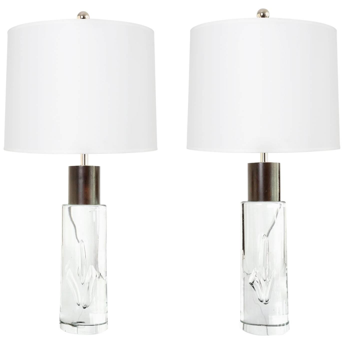 Pair of Vicke Lindstrand Designed Solid Glass Table Lamps with Mahogany Details